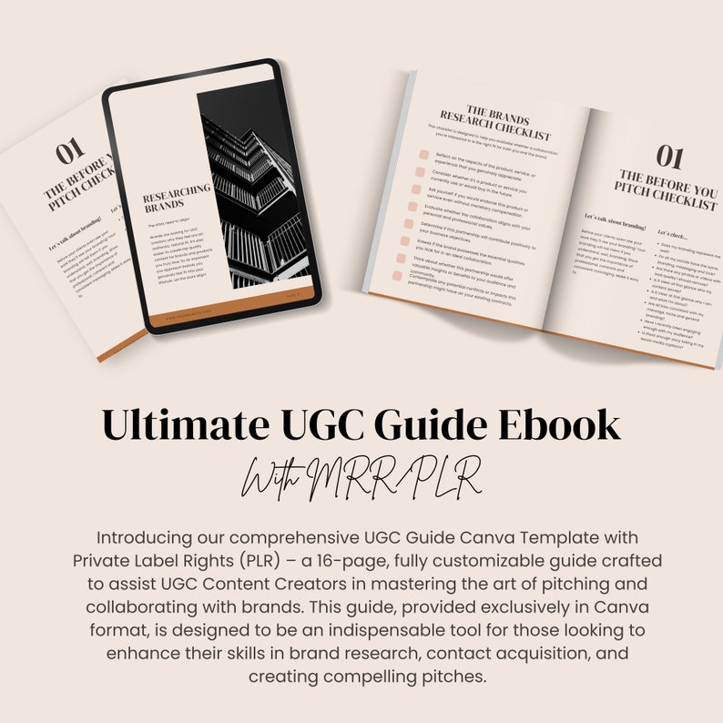 May include: A guide for content creators on how to pitch brands for user-generated content (UGC) collaborations. The guide is a 16-page Canva template with private label rights (PLR). The guide includes a checklist for researching brands and a checklist for pitching brands. The guide is designed to help content creators enhance their skills in brand research, contact acquisition, and creating compelling pitches.