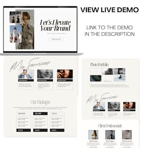 Puede incluir: Una maqueta de sitio web con un fondo beige y un encabezado blanco que dice "Let's Elevate Your Brand". El sitio web presenta una secci&oacute;n llamada "My Services" con tres servicios: Video Services, Photo Services y Consultation. Tambi&eacute;n hay una secci&oacute;n llamada "Our Packages" con tres paquetes: Bronze, Silver y Gold. El sitio web tambi&eacute;n incluye una secci&oacute;n llamada "Photo Portfolio" y una secci&oacute;n llamada "Client Testimonials".