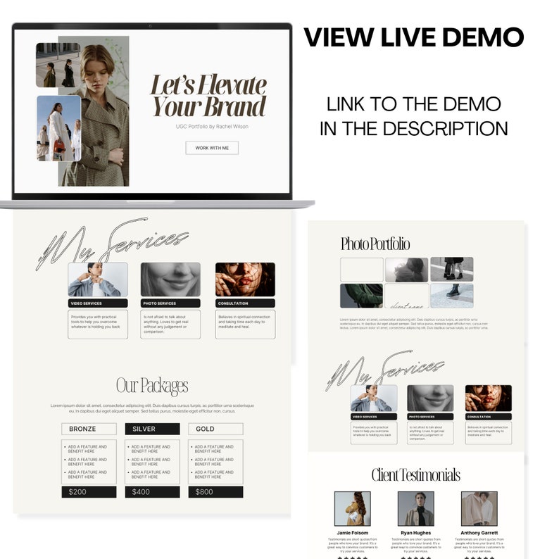 Puede incluir: Una maqueta de sitio web con un fondo beige y un encabezado blanco que dice "Let's Elevate Your Brand". El sitio web presenta una secci&oacute;n llamada "My Services" con tres servicios: Video Services, Photo Services y Consultation. Tambi&eacute;n hay una secci&oacute;n llamada "Our Packages" con tres paquetes: Bronze, Silver y Gold. El sitio web tambi&eacute;n incluye una secci&oacute;n llamada "Photo Portfolio" y una secci&oacute;n llamada "Client Testimonials".