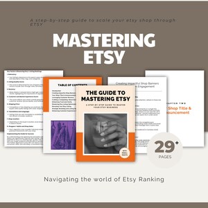 May include: A guide to mastering Etsy, with a red and orange cover featuring a hand holding a glass of liquid. The title "The Guide to Mastering Etsy" is in white text. The subtitle is "A step-by-step guide to master your Etsy business". The book has 29+ pages.