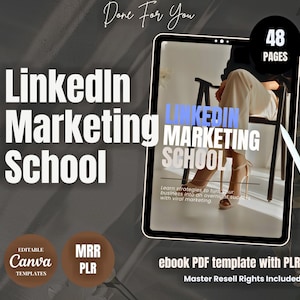 Puede incluir: Una plantilla de PDF de libro electrónico con derechos de reventa principales, con el texto "LinkedIn Marketing School" en blanco y azul. La imagen incluye una tableta con una persona sentada en una silla, un lápiz óptico y el texto "48 páginas".