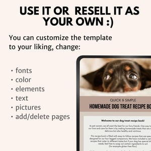 May include: A digital tablet displaying a recipe book cover with a brown and black dachshund puppy on a white blanket. The text on the cover reads "Quick & Simple Homemade Dog Treat Recipe Book".