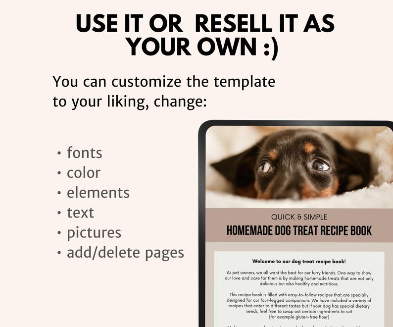 May include: A digital tablet displaying a recipe book cover with a brown and black dachshund puppy on a white blanket. The text on the cover reads "Quick & Simple Homemade Dog Treat Recipe Book".