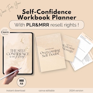 May include: A digital planner with a beach background and the text "The Self Confidence Workbook" on the cover. The planner is designed to help people overcome self-doubt and build confidence. It includes sections on overcoming self-doubt, building self-esteem, and setting goals. The planner is available for instant download and is editable in Canva.