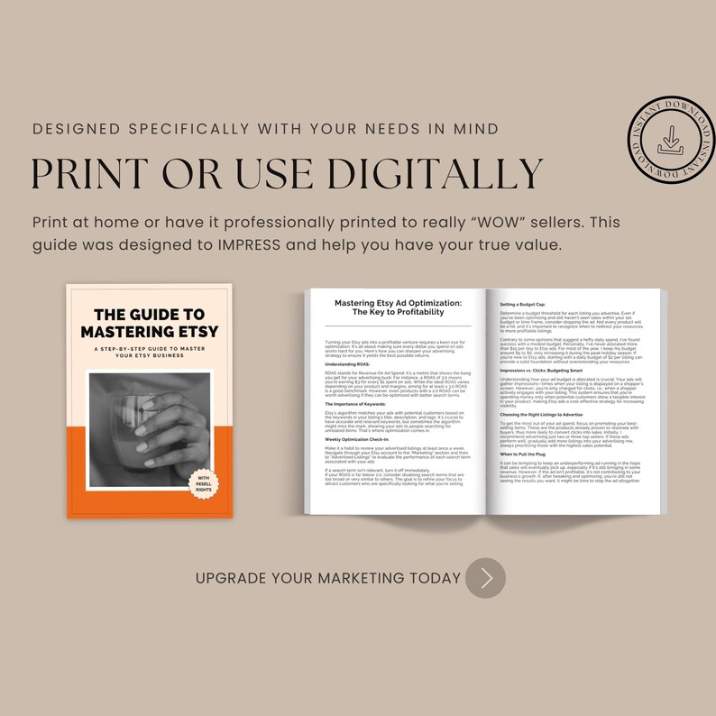 May include: An open book titled "The Guide to Mastering Etsy" with a step-by-step guide to master your Etsy business. The book is open to a page titled "Mastering Etsy Ad Optimization: The Key to Profitability".