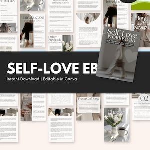 May include: A digital self-love workbook with a gray cover featuring a woman walking. The title is "Self-Love Workbook" and the subtitle is "How to elevate self-love and heal the mind, body and soul".