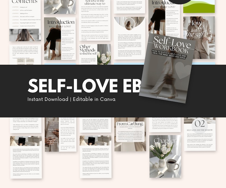 May include: A digital self-love workbook with a gray cover featuring a woman walking. The title is "Self-Love Workbook" and the subtitle is "How to elevate self-love and heal the mind, body and soul".