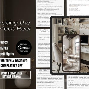 May include: A digital product cover with a white background and a black and white image of a room with a desk and a chair. The text "Creating the Perfect Reel" is in large, bold letters at the top of the cover. The text "16 Pages, MRR/PLR, Resell Rights" is in smaller letters below the image. The text "Editable Canva Templates" is in a box at the top right of the cover. The text "Prewritten & Designed Completely DFY" is in a box below the image. The text "Easily & Completely Editable in Canva" is in a box at the bottom of the cover.