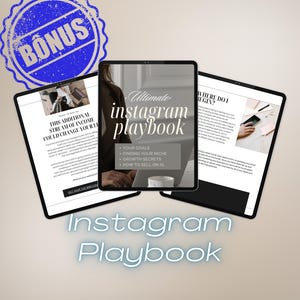 Pode incluir: Um guia de marketing digital intitulado "Ultimate Instagram Playbook" com um fundo preto e branco. O guia inclui informa&ccedil;&otilde;es sobre o estabelecimento de objetivos, a busca do seu nicho, os segredos de crescimento e como vender no Instagram.