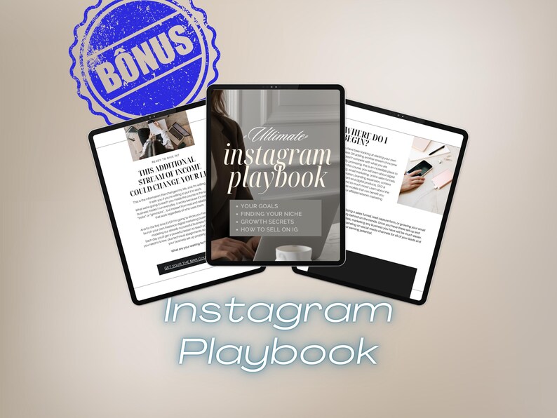 Pode incluir: Um guia de marketing digital intitulado "Ultimate Instagram Playbook" com um fundo preto e branco. O guia inclui informa&ccedil;&otilde;es sobre o estabelecimento de objetivos, a busca do seu nicho, os segredos de crescimento e como vender no Instagram.