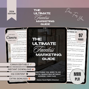 以下が含まれることがあります： 青と白のデザインのデジタル製品の表紙。表紙には「The Ultimate Faceless Marketing Guide」と「97 Pages」のテキストが記載されています。表紙には「Done For You」と「Master Resell Rights Attached」のテキストも含まれています。