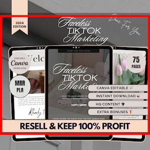 以下が含まれることがあります： ピンクの背景に「Faceless TikTok Marketing」と「Done For You Guide」のテキストが書かれたデジタル製品のモックアップ。この製品は、Canva の編集可能なテンプレート、インスタントダウンロード、高品質なコンテンツ、追加のボーナスを含む 75 ページのガイドです。「Resell & Keep 100% Profit」というテキストが大きく太字で表示されています。