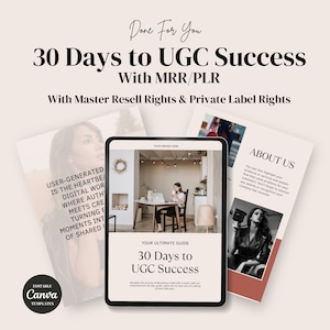 May include: A digital guide with the title "30 Days to UGC Success" with a pink and white color scheme. The guide is designed to help people become a Paid UGC Creator. The text "Your Ultimate Guide" is also included in the image.