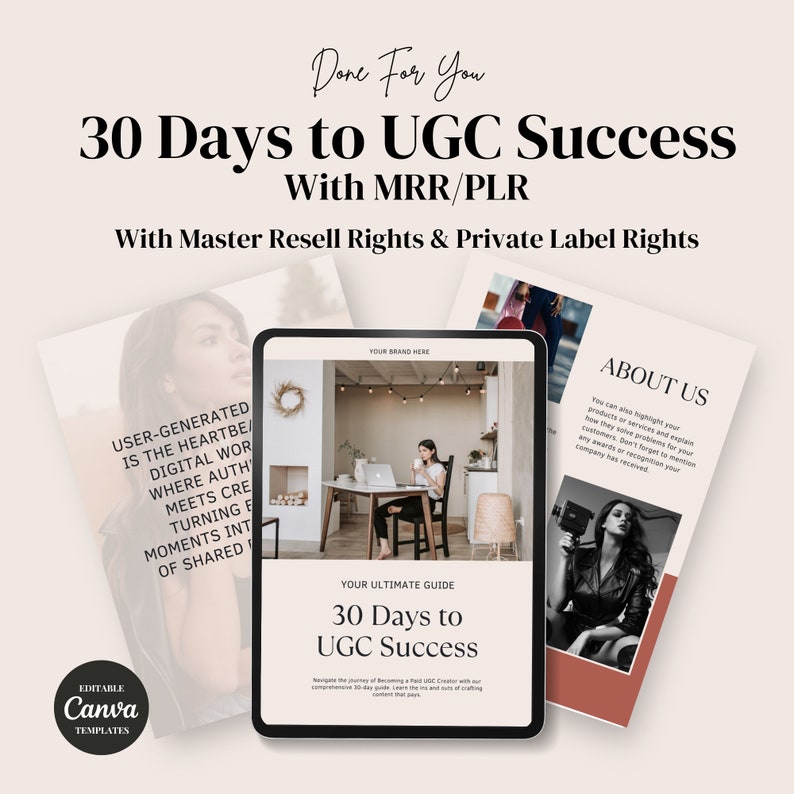 May include: A digital guide with the title "30 Days to UGC Success" with a pink and white color scheme. The guide is designed to help people become a Paid UGC Creator. The text "Your Ultimate Guide" is also included in the image.