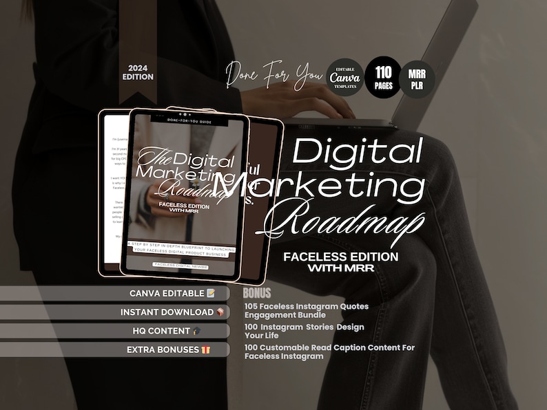 May include: A digital marketing roadmap guide with 110 pages of content, including 105 faceless Instagram quotes, 100 Instagram stories designs, and 100 customizable read captions for faceless Instagram. The guide is available as a downloadable PDF and is editable in Canva.