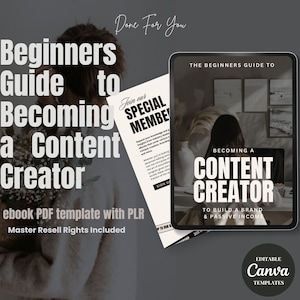 Könnte beinhalten: Ein digitales E-Book-Cover mit dem Titel "Der Anfängerleitfaden, um Content Creator zu werden, um eine Marke und passives Einkommen aufzubauen". Das Cover zeigt eine Frau, die in einem Heimbüro an einem Laptop arbeitet. Das E-Book ist als editierbare Canva-Vorlage verfügbar.