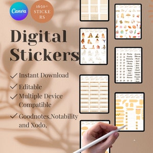 Puede incluir: Pegatinas digitales para Goodnotes, Notability y Xodo. La imagen muestra una variedad de pegatinas, incluyendo un calendario, un conjunto de etiquetas y un conjunto de ilustraciones lindas. El texto "Digital Stickers" se muestra en letras grandes y en negrita. El texto "Descarga instantánea", "Editable", "Compatible con varios dispositivos" y "Goodnotes, Notability y Xodo" también se muestra.