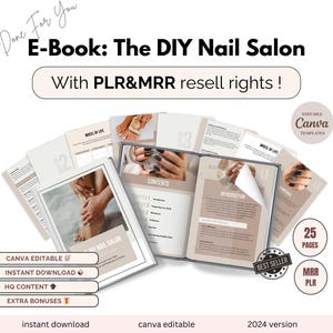 以下が含まれることがあります： 「The DIY Nail Salon」というタイトルの電子書籍のデジタル製品モックアップで、Canvaで編集可能なテンプレートが付属しています。電子書籍の表紙には、マニキュアを施した女性の手に、ライフホイールのグラフィックが描かれています。左上の隅には「Done For You」というテキストがあります。画像の上部中央には「With PLR&MRR resell rights!」というテキストがあります。左下の隅には「Canva Editable」というテキストがあります。左下の隅には「Instant Download」というテキストがあります。左下の隅には「HQ Content」というテキストがあります。左下の隅には「Extra Bonuses」というテキストがあります。右下の隅には「25 Pages」というテキストがあります。右下の隅には「MRR PLR」というテキストがあります。右下の隅には「Best Seller」というテキストがあります。画像の下部中央には「2024 version」というテキストがあります。画像の下部中央には「canva editable」というテキストがあります。画像の下部中央には「instant download」というテキストがあります。