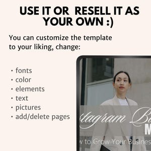 Pu&ograve; includere: Lo schermo di un tablet digitale mostra una grafica con il testo "Instagram Basics Mini" e "How to Grow Your Business on" in testo bianco su sfondo nero. Il testo &egrave; in un font corsivo. Una donna &egrave; visibile sullo sfondo che indossa una giacca beige.