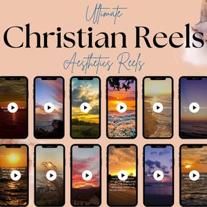 May include: A collage of 12 phone screens displaying sunset and beach scenes with inspirational Christian quotes. The screens are arranged in a grid pattern and have a play button icon in the center of each screen.