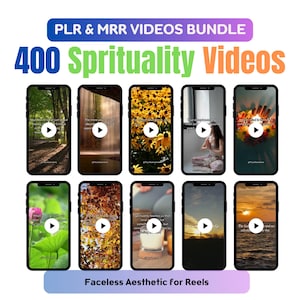 Op de afbeelding: Een collage van 12 telefoonschermen die korte video's met inspirerende citaten over spiritualiteit tonen. De video's bevatten natuurbeelden en kalmerende beelden. De tekst op de schermen bevat citaten zoals "Hoe meer je groeit, hoe meer je beseft hoeveel je niet weet" en "Spiritualiteit leert ons dat we soms iets goeds moeten loslaten om iets beters te ontvangen."