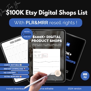 Plr ebook list of 99 Etsy shops that have made over 100K in revenue | Master Resell Rights (MRR) and Private Label Rights (PLR) | Canva