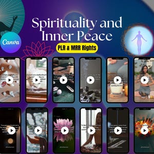 Puede incluir: Un collage de 10 pantallas de teléfono con citas inspiradoras sobre espiritualidad y paz interior. Cada pantalla muestra un botón de reproducción y una cita sobre encontrar la paz interior. El texto "Espiritualidad y paz interior" está en la parte superior de la imagen, con el texto "Derechos PLR y MRR" debajo.