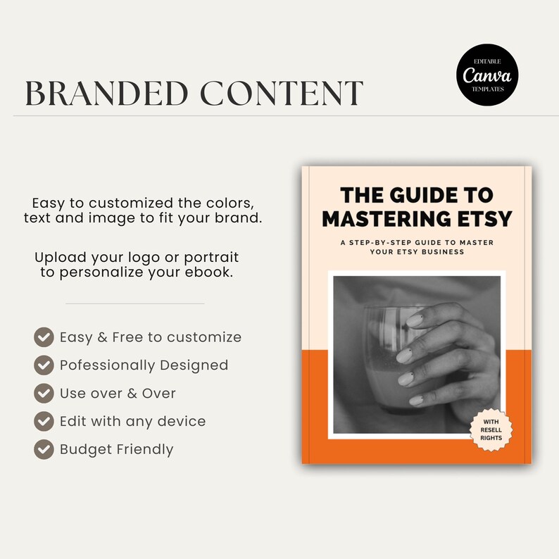 May include: A black and white image of a hand holding a glass of water. The image is on a book cover with the title "The Guide to Mastering Etsy: A Step-by-Step Guide to Master Your Etsy Business". The book cover is orange and white with the text "With Resell Rights".