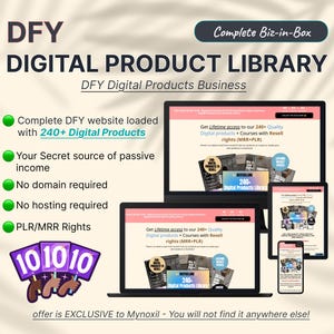 Peut inclure: Une maquette de site Web pour une bibliothèque de produits numériques, avec le texte "DFY DIGITAL PRODUCT LIBRARY" et "Complete Biz-in-Box". Le site Web propose plus de 240 produits numériques avec des droits de revente. L'image comprend également un cercle vert avec le texte "10/010" et le texte "offer is EXCLUSIVE to Mynoxil - You will not find it anywhere else!"