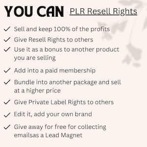 Pu&ograve; includere: Un elenco di diritti inclusi con un prodotto PLR (Private Label Rights). L'elenco include la possibilit&agrave; di vendere e conservare il 100% dei profitti, concedere diritti di rivendita ad altri, utilizzarlo come bonus per un altro prodotto, aggiungerlo a un abbonamento a pagamento, raggrupparlo in un altro pacchetto, concedere diritti di etichetta privata, modificarlo e regalarlo gratuitamente come un magnete per lead.