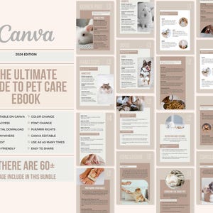 May include: A digital ebook cover with a beige background and a title that reads "The Ultimate Guide to Pet Care Ebook". The cover features images of various pets, including a hamster, a guinea pig, a dog, and a rabbit. The ebook is fully editable on Canva and includes 60+ pages.