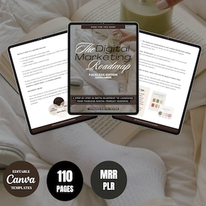 May include: A digital marketing roadmap guide with 110 pages, titled "The Digital Marketing Roadmap: Faceless Edition with MER". The guide is a step-by-step blueprint to launching a faceless digital product business.