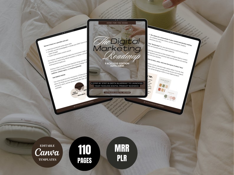 May include: A digital marketing roadmap guide with 110 pages, titled "The Digital Marketing Roadmap: Faceless Edition with MER". The guide is a step-by-step blueprint to launching a faceless digital product business.