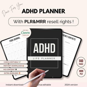 Può includere: Un ADHD Life Planner con il testo "ADHD LIFE PLANNER" in un design in bianco e nero. L'immagine include il testo "With PLR&MRR resell rights!" e "2024 version". Pagine aggiuntive includono un diario alimentare e contatti di emergenza.