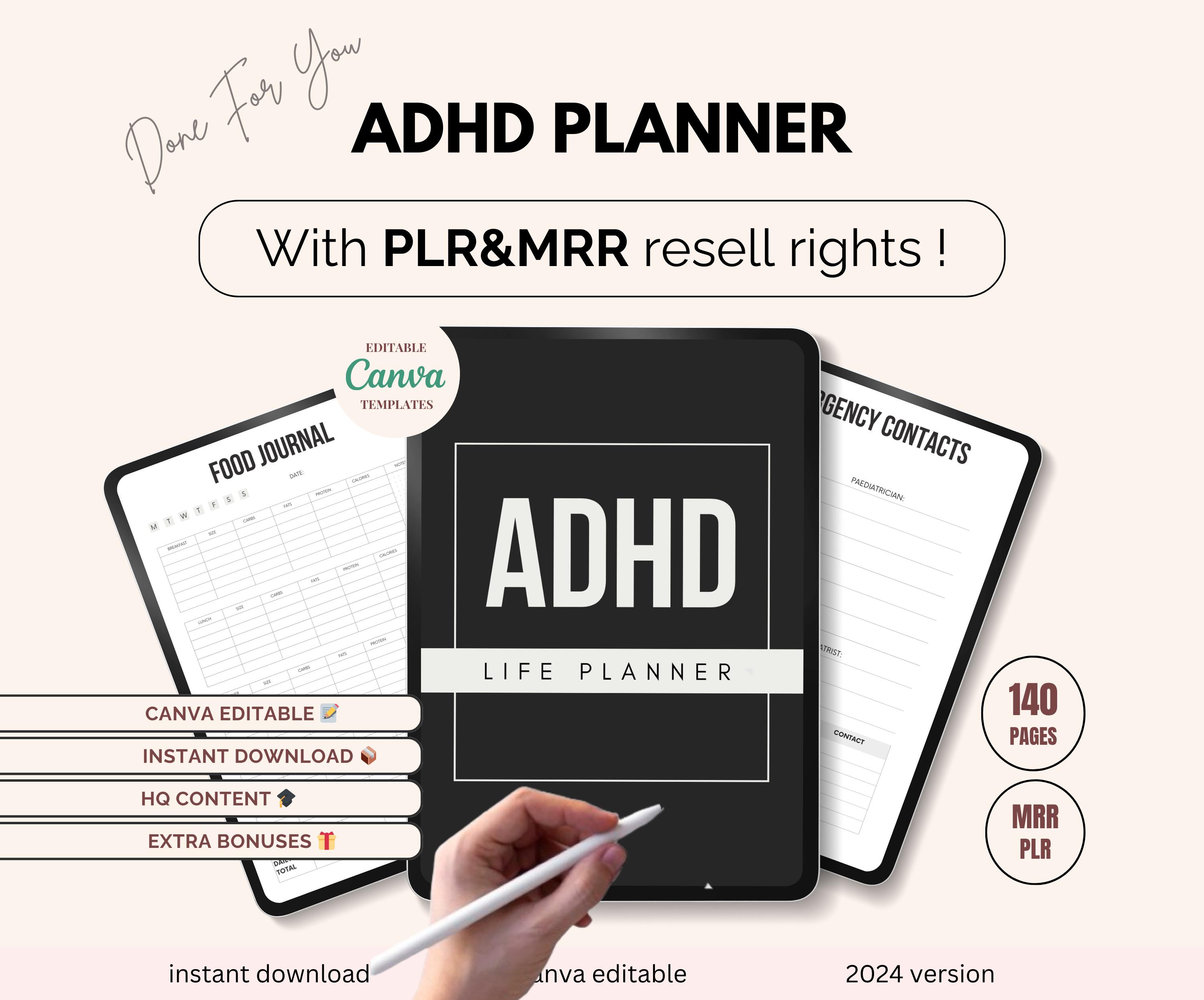 PLR ADHD Planner, Plr Planners, MRR Digital Planner, Plr Journal, Plr Digital Product, Dfy Content, Plr Notebook, Mrr Digital Products