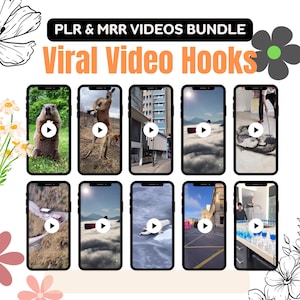Op de afbeelding: Een collage van negen telefoon schermafbeeldingen die verschillende video hooks voor sociale media laten zien. De hooks omvatten een marmot, een kangoeroe, een gebouw, wolken, een auto die over een kronkelende weg rijdt, een persoon die een vloer veegt en een persoon die in een kamer staat met waterflessen.