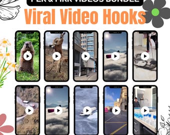 May include: A collage of nine phone screen images showing different video hooks for social media. The hooks include a groundhog, a kangaroo, a building, clouds, a car driving on a winding road, a person sweeping a floor, and a person standing in a room with water bottles.