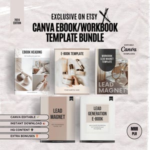 May include: A digital product bundle for creating ebooks and workbooks using Canva. The bundle includes templates for an ebook heading, ebook template, workbook lead magnet template, lead magnet, and lead generation ebook. The templates are editable and include instant download, high-quality content, and extra bonuses. The bundle is available on Etsy.