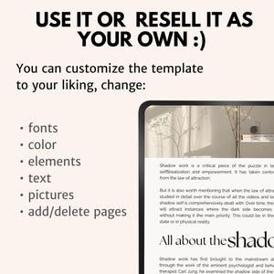 May include: A digital screen displaying a text about shadow work, a concept in psychology. The text explains that shadow work is a critical piece of the puzzle in terms of self-realization and empowerment. The text also mentions that shadow work is comprehensively dealt with in videos and texts. The screen is on a table with a plant and a book in the background.