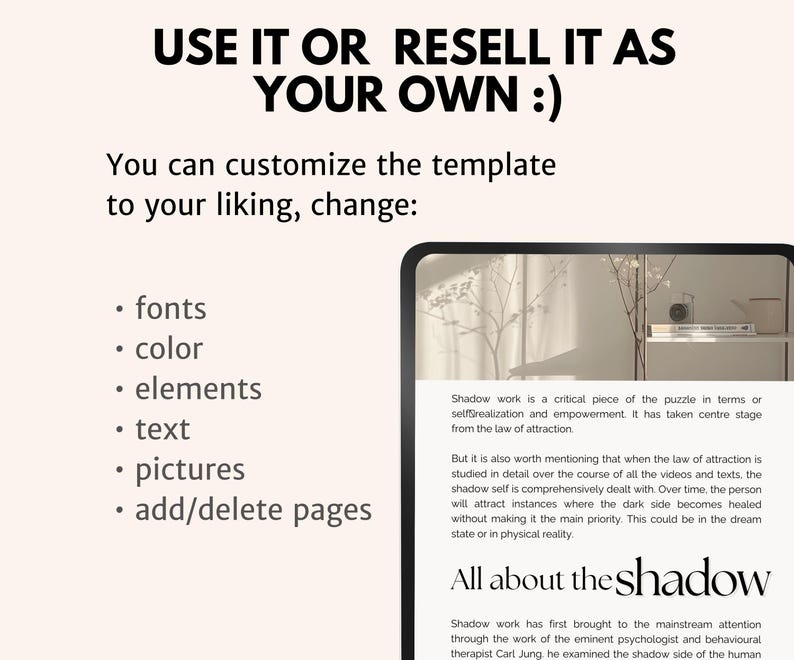 May include: A digital screen displaying a text about shadow work, a concept in psychology. The text explains that shadow work is a critical piece of the puzzle in terms of self-realization and empowerment. The text also mentions that shadow work is comprehensively dealt with in videos and texts. The screen is on a table with a plant and a book in the background.