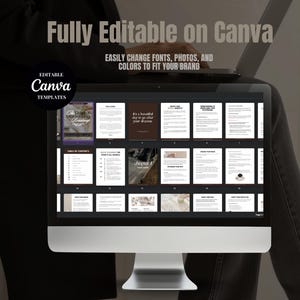 Puede incluir: Una pantalla de ordenador que muestra un libro de trabajo digital con el texto "Totalmente editable en Canva" y "Plantillas de Canva editables". El libro de trabajo est&aacute; dividido en secciones con t&iacute;tulos como "&iquest;Qu&eacute; es un d&iacute;a hermoso?" y "Cap&iacute;tulo 1: Toma una decisi&oacute;n".