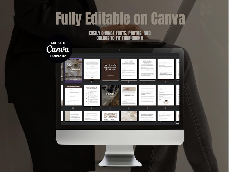 Puede incluir: Una pantalla de ordenador que muestra un libro de trabajo digital con el texto "Totalmente editable en Canva" y "Plantillas de Canva editables". El libro de trabajo est&aacute; dividido en secciones con t&iacute;tulos como "&iquest;Qu&eacute; es un d&iacute;a hermoso?" y "Cap&iacute;tulo 1: Toma una decisi&oacute;n".