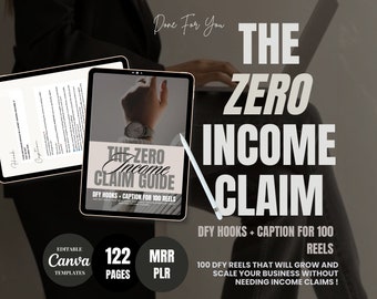Może przedstawiać: Tablet cyfrowy wyświetlający przewodnik zatytułowany "The Zero Income Claim Guide" z tekstem "DFY Hooks + Caption for 100 Reels". Przewodnik znajduje się na czarnym tle z białym tekstem. Tablet leży na biurku z laptopem w tle.