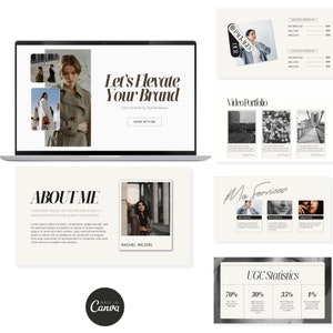 Puede incluir: Una pantalla de computadora port&aacute;til que muestra un sitio web con el texto "Let's Elevate Your Brand" y "UGC Portfolio by Rachel Wilson". El sitio web tambi&eacute;n incluye una llamada a la acci&oacute;n para "Work With Me". Debajo de la computadora port&aacute;til, un fondo blanco con el texto "ABOUT ME" y una foto de una mujer. El texto dice "I have been doing UGC for the past 8 years. I have experience working with many brands."