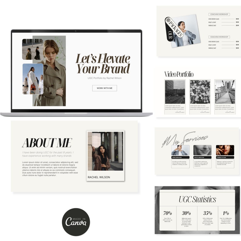 Puede incluir: Una pantalla de computadora port&aacute;til que muestra un sitio web con el texto "Let's Elevate Your Brand" y "UGC Portfolio by Rachel Wilson". El sitio web tambi&eacute;n incluye una llamada a la acci&oacute;n para "Work With Me". Debajo de la computadora port&aacute;til, un fondo blanco con el texto "ABOUT ME" y una foto de una mujer. El texto dice "I have been doing UGC for the past 8 years. I have experience working with many brands."