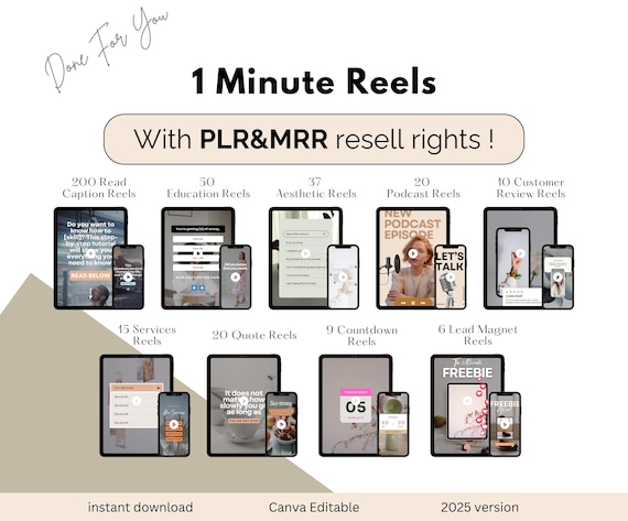 1 Minute Reels Mastery Bundle,Digital Marketing Course Bundle MRR PLR Resell Rights Instagram Courses Digital Business,PLR Digital Product