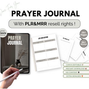 May include: A digital product mockup for a prayer journal with 25+ pages and 6k+ stickers. The journal is designed with a minimalist aesthetic and features a life reflection section, a prayer list section, and a sticker section. The product is advertised as Canva editable, with instant download, high-quality content, and extra bonuses.
