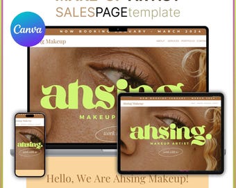 Makeup Artist Canva Sales Page Template | Makeup Artist Canva Website Template One-Page Portfolio Booking Landing Page Beauty Professionals