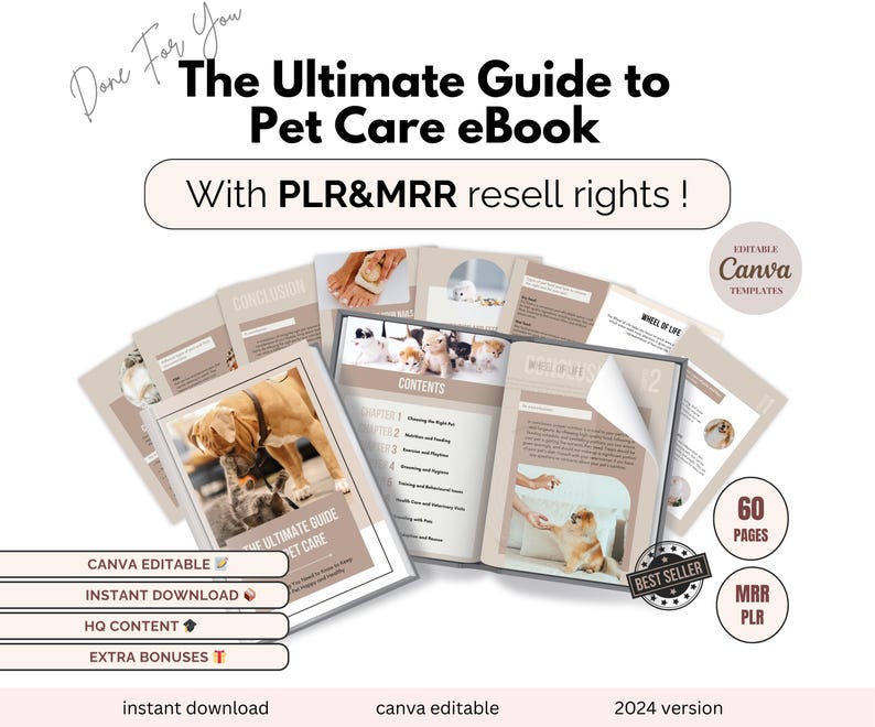 May include: A digital product mockup featuring a brown and white dog on the cover of an ebook titled "The Ultimate Guide to Pet Care". The ebook is advertised as having 60 pages and being Canva editable. The text "Done For You" is in the top left corner of the image. The text "With PLR&MRR resell rights!" is in the center of the image.