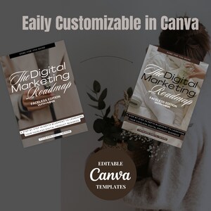 May include: Two digital marketing roadmap templates in Canva. The templates are titled "The Digital Marketing Roadmap" with the text "Faceless Edition with MRR". The templates are a step-by-step blueprint to launching a faceless digital product business.